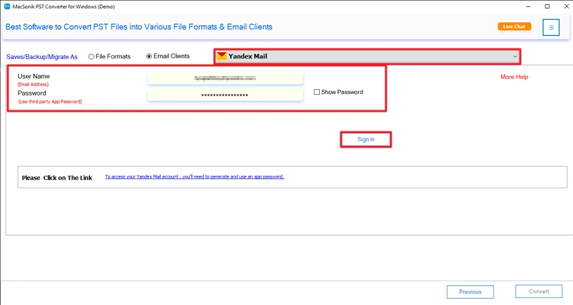Choose Yandex and log in with your credentials.