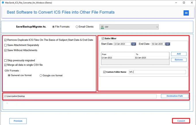 Convert ICS to CSV