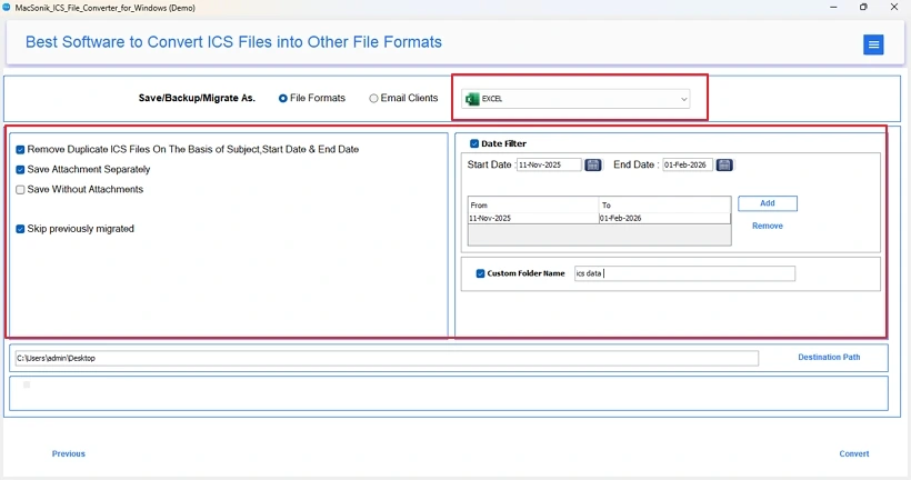 Convert ICS to Excel
 step 4