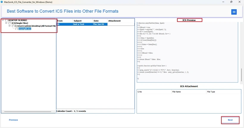 Convert ICS to Excel
 step 3