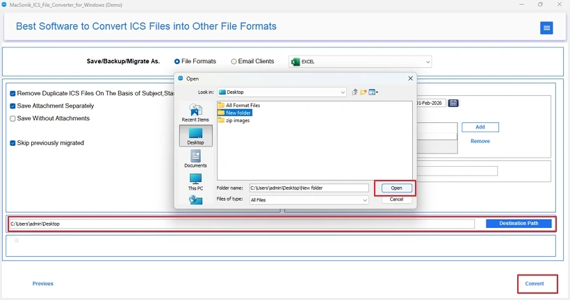 Convert ICS to Excel
 step 5