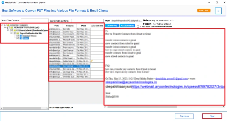Preview and select your PST files