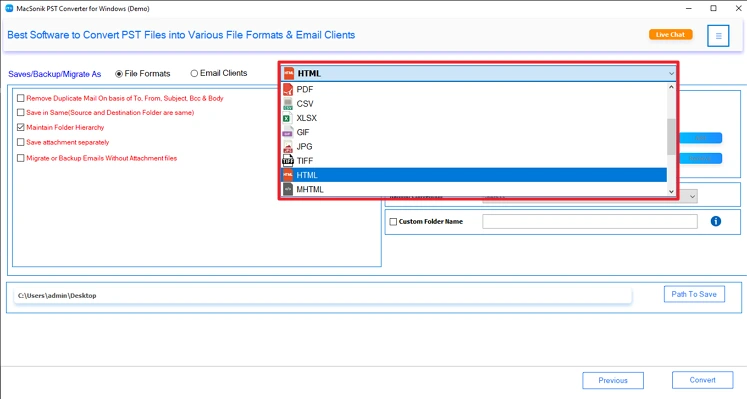 choose the HTML file format